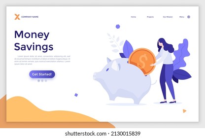 Landing page template with woman putting dollar coin into piggy bank. Concept of money saving, financial investment, bank deposit, capital accumulation. Modern flat vector illustration for website.