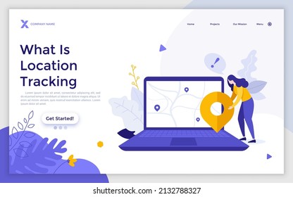 Landing page template with woman putting map pin on laptop computer. Concept of location tracking, app for tourism and travel, dearch for destination point. Modern flat vector illustration for website