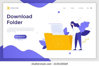 Landing Page Template With Woman Putting Document Into Archive. Concept Of Download Folder, Digital Data Storage, Electronic Information, File Exchange. Modern Flat Vector Illustration For Website.