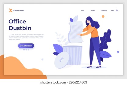 Landing Page Template With Woman Putting Document Into Dustbin Or Container. Concept Of Waste Management And Recycling At Office, Garbage Disposal At Work. Modern Flat Vector Illustration For Webpage.