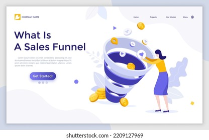 Landing page template with woman putting pictograms and coins into whirpool. Concept of social media sales funnel, SMM, marketing strategy to attract customers. Flat vector illustration for webpage.