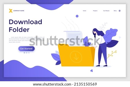 Landing page template with woman putting document into archive. Concept of download folder, digital data storage, electronic information, file exchange. Modern flat vector illustration for website.