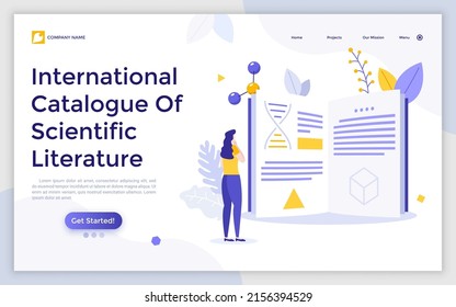 Landing page template with woman reading book with molecular structures on pages. Concept of catalogue of scientific literature, scholarly publication, academic publishing. Flat vector illustration.