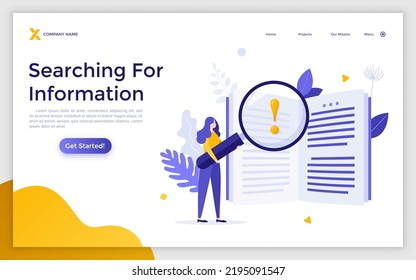 Landing page template with woman reading book using magnifying glass. Concept of search for information, data auditing or analysis, business research. Modern flat vector illustration for website.