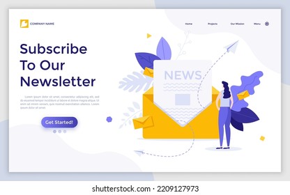 Landing Page Template With Woman Reading Incoming Electronic Letter With News In Envelope. Concept Of Newsletter, E-mail, Internet Message, Online Communication. Flat Vector Illustration For Webpage.