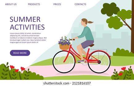 Landing page template. Woman riding bicycle in the park. The concept of an active lifestyle, outdoor activities