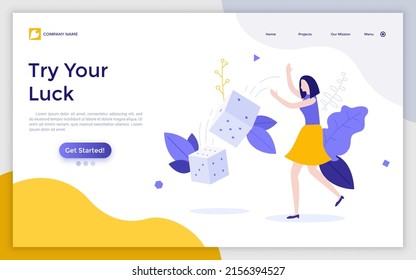 Landing Page Template With Woman Rolling Dice Or Playing Craps. Concept Of Gambling, Risk And Chance, Probability And Possibility, Tabletop Or Casino Game. Modern Flat Vector Illustration For Webpage.