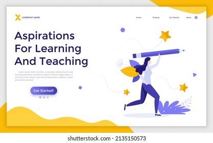 Landing page template with woman running with pencil. Concept of aspiration for learning and teaching, ambition of goal achieving, intention, endeavor. Modern flat vector illustration for webpage.