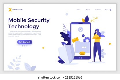 Landing page template with woman, shield and smartphone. Concept of mobile security technology, safety of personal information of cellphone owner. Modern flat colorul vector illustration for webpage.