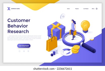 Landing page template with woman with shopping bags on magnifier, gift, lightbulb. Concept of research of consumer behavior or customer buying habits. Modern isometric vector illustration for website.