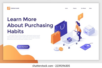 Landing page template with woman with shopping cart, bags, price tag. Concept of studying customer purchasing habits, consumer market behavior research. Isometric vector illustration for website.