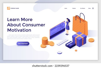 Landing page template with woman, shopping bags, gift box, bank card. Concept of studying consumer motives, customer preferences, market behavior research. Isometric vector illustration for website.