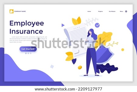 Landing page template with woman, signed document and shield. Concept of employee insurance, protection of worker's health, benefits provided by company. Modern flat vector illustration for webpage.