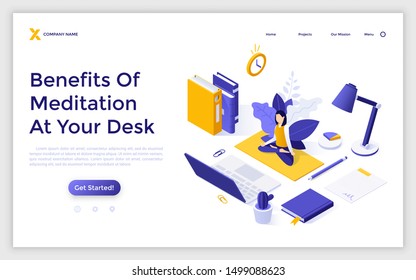 Landing page template with woman sitting with crossed legs, performing yoga asana or meditating. Spiritual practice at work desk, calmness at office. Modern isometric vector illustration for website.