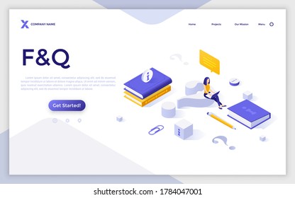 Landing page template with woman sitting on interrogation point and working on laptop computer. Concept of frequently asked questions, finding answer. Modern isometric vector illustration for webpage.