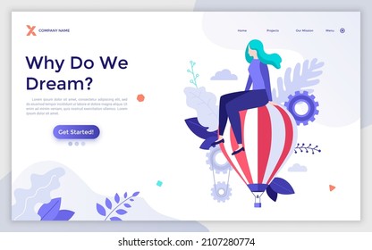 Landing page template with woman sitting on top of flying air balloon. Concept of dreaming, making inspiring plans, thinking about future. Modern flat colorful vector illustration for webpage, website