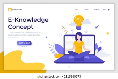 Landing page template with woman sitting cross-legged on laptop computer and meditating and lightbulb above him. Concept of money transfer concept. Modern flat colorful vector illustration for webpage
