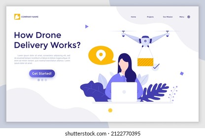 Landing page template with woman sitting at laptop computer and flying quadcopter carrying parcel. Concept of express drone delivery, package transportation.Modern flat vector illustration for website