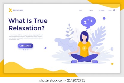 Landing Page Template With Woman Sitting Cross-legged And Meditating. Concept Of Relaxation, Mindfulness Meditation, Mind Focusing Practice, Rest And Recharge. Flat Vector Illustration For Website.