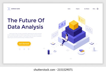 Landing page template with woman sitting at bottom of stepped pyramid made of cubes and using laptop computer. Concept of future of data analysis or science. Isometric vector illustration for webpage.