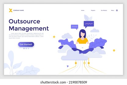 Landing page template with woman sitting cross-legged on cloud and working on laptop. Concept of professional outsourcing, outsourced management function. Modern flat vector illustration for website.