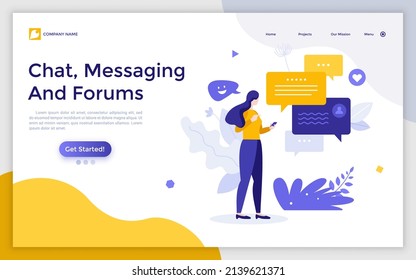 Landing Page Template With Woman With Smartphone Sending And Receiving Messages, Speech Bubbles. Concept Of Mobile App For Instant Messaging, Online Chatting. Flat Vector Illustration For Website.