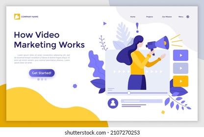 Landing Page Template With Woman Speaking With Bullhorn On Laptop Computer Screen. Concept Of Work Of Video Marketing, Online Multimedia Advertising. Modern Flat Vector Illustration For Website.