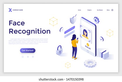 Landing Page Template With Woman Standing In Front Of Giant Mobile Phone And Trying To Get Access. Face Recognition System, Facial Biometric Authentication. Isometric Vector Illustration For Website.