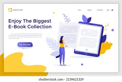 Landing page template with woman standing in front of giant electronic book. Concept of e-book, portable device or gadget for reading, digital reader. Modern flat vector illustration for webpage.