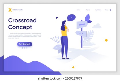 Landing page template with woman standing on crossroad in front of double-sided road sign. Concept of business problem solving and making right choice. Modern flat vector illustration for webpage.