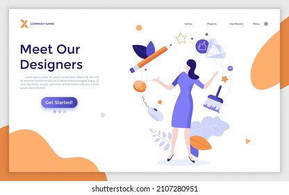 Landing page template with woman surrounded by art tools. Concept of creative designer or artist presentation, design studio employee. Modern flat colorful vector illustration for website, webpage.