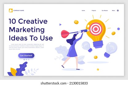 Landing page template with woman throwing dart in target or dartboard on light bulb. Concept of marketing idea generation, business innovation, goal achievement. Flat vector illustration for website.