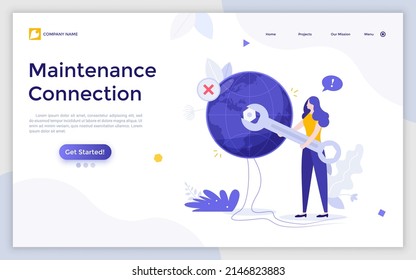 Landing page template with woman tightening nut on globe with wrench. Concept of online connection maintenance, global access to internet, technical support. Flat vector illustration for website.