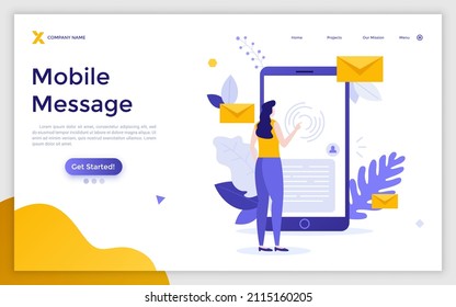 Landing Page Template With Woman Touching Smartphone Or Cellphone Screen. Concept Of Mobile Application For Instant Messaging, Online Chatting. Modern Flat Colorful Vector Illustration For Website.