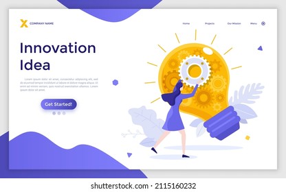 Landing page template with woman touching light bulb with gear wheel mechanism inside. Concept of innovative idea, hi-tech innovation, business insight. Modern flat vector illustration for website.