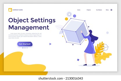 Landing page template with woman touching levitating cube. Concept of object settings management, 3d model creation, computer graphics, digital sculpting. Modern flat vector illustration for website.