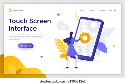 Landing page template with woman touching gearwheel on device screen or display. Concept of touchscreen technology, innovative hi-tech digital interface. Modern flat vector illustration for website.