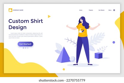 Landing page template with woman in t-shirt with print demonstrating thumbs up. Concept of custom shirt, customizable clothing or apparel, making of promotional merchandise. Flat vector illustration.