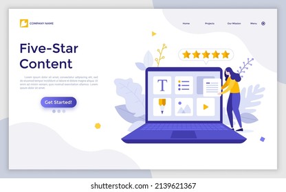 Landing page template with woman using laptop with desktop application icons on screen, five golden stars. Concept of high quality content, positive review, online rating. Flat vector illustration.