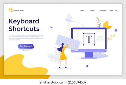 Landing page template with woman using keypad connected to computer. Concept of keyboard shortcuts for text editor program, electronic device for typing. Modern flat vector illustration for website.