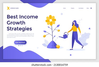 Landing page template with woman watering flower with dollar coins. Concept of income growth, financial profit, increase in personal earnings or revenue. Modern flat vector illustration for webpage.