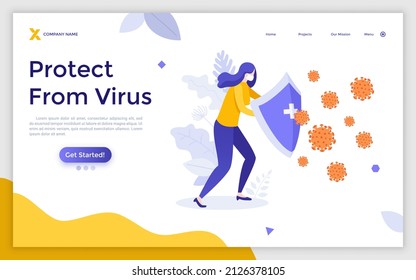 Landing page template with woman wearing medical mask holding shield and protecting himself against virus. Concept of fight against Coronavirus or COVID-19 disease. Modern flat vector illustration.