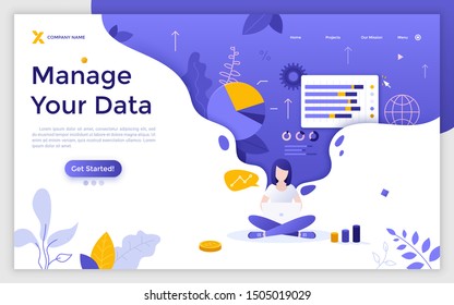 Landing page template with woman working on laptop computer, charts and diagrams. Personal data management system, financial information analysis. Flat vector illustration for internet service promo.