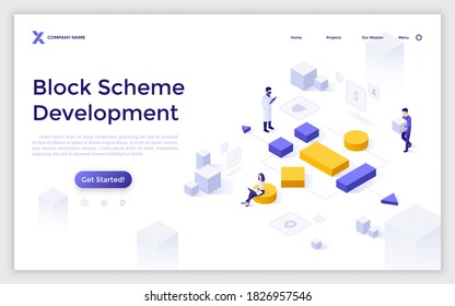 Landing page template with woman working on computer and man carrying cube to build tree diagram. Concept of block scheme creation or modular software development. Isometric vector illustration.