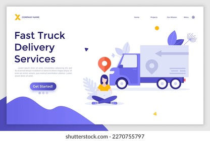 Landing page template with woman working on laptop computer, location mark and truck. Concept of express cargo delivery service, automobile transportation, logistics. Modern flat vector illustration.