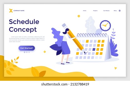 Landing Page Template mit Frau schreiben auf Kalender mit Bleistift. Konzept des Zeitplans für die Projektplanung, effektives Zeitmanagement für die Produktivität. Moderne flache Vektorgrafik auf der Website