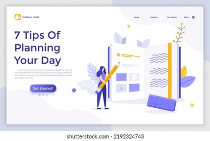 Landing page template with woman writing in planner with pencil. Concept of daily work project planning, task organization, time management, journaling. Modern flat vector illustration for webpage.