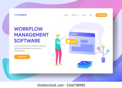 Landing page template of WORK FLOW MANAGEMENT SOFTWARE Concept. Modern illustration flat design concept of web page design for website and mobile website.Vector illustration - Vector