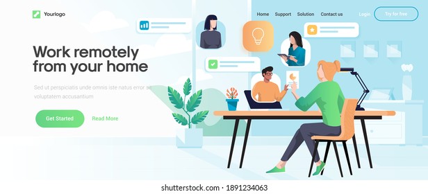 Landing page template of Work Remotely from your home. Young woman discuss with colleagues online in modern workspace. Modern flat design concept of web page design for website and mobile website