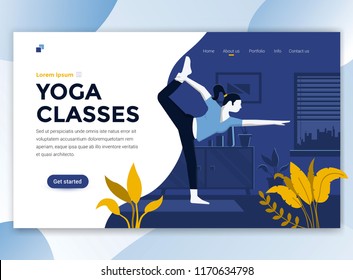 Plantilla de página de inicio de clases de yoga. Concepto moderno de diseño plano del diseño de página web para sitio web y sitio web móvil. Fácil de editar y personalizar. Ilustración del vector